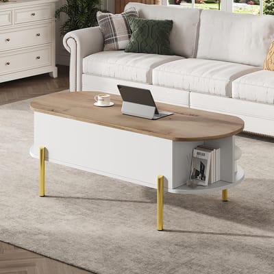 Pugsdrly 120*50*43 cm Salontafel Salontafel Salontafel met in hoogte verstelbaar blad, Salontafels, bijzettafels, salontafels met verborgen opbergruimte, salontafel met 7 opbergvakken, kleur hout + wit