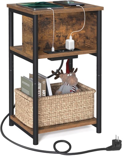 VASAGLE - Bijzettafel - Bijzettafeltjes Woonkamer - Nachtkastje met 2 USB-poorten - Smal Bijzettafeltje