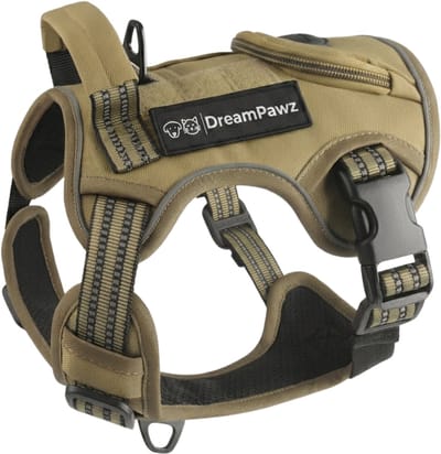 DreamPawz - Hondenharnas - Tactical Honden Tuigje - Reflecterend - K9 - Anti-Trek Harnas - Extra Controle - Ingebouwde Poepzakjesdispenser - Bruin - L