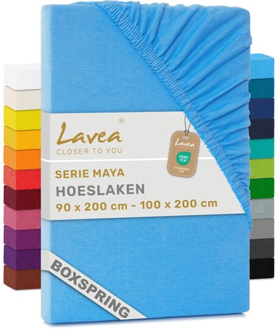 Lavea® Hoeslaken 90x200cm 100% Katoen – Hoge Hoek 35 cm voor Dikke Matrassen – met Elastiek Rondom in Jersey – voor Boxspring – Hemelsblauw