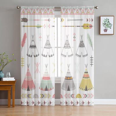 Tribale Tipi Tenten Elementen Tule Gordijnen Voor Woonkamer Decoratie Moderne Sluier Chiffon Gordijnen Slaapkamer Sheer Voile 135W x 114H(cm) white