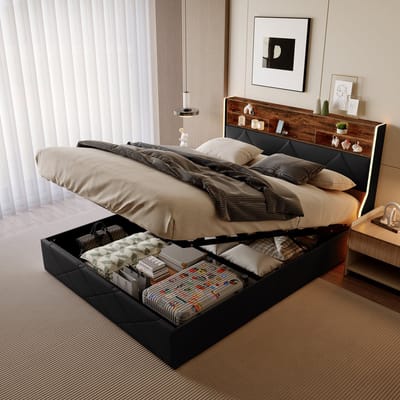 Bedframe 140x200 – met Opbergruimte – LED & USB-C – Wingback Hoofdbord – Zwart