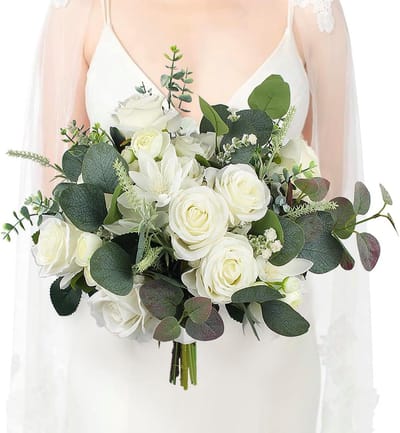 Rinlong Wedding Bouquets for Bride White Sage Green Bridal Bouquet for Wedding Artificial Flowers Silk Bouquet Wedding Ceremony