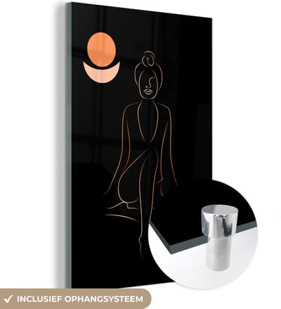 MuchoWow® Glasschilderij 40x60 cm - Schilderij acrylglas - Vrouw - Goud - Zwart - Line art - Foto op glas - Schilderijen