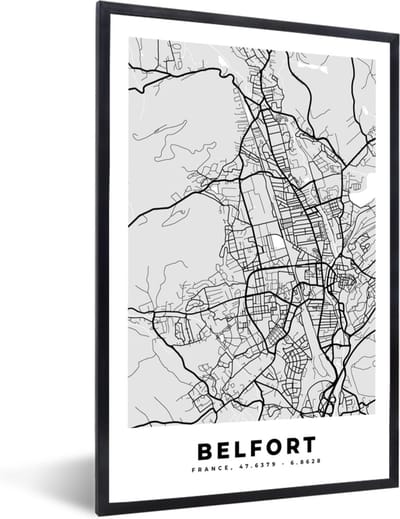 Fotolijst incl. Poster - Frankrijk – Belfort – Stadskaart – Plattegrond – Kaart - 40x60 cm - Posterlijst