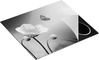 Chefcare Inductie Beschermer Roze Anemoon Bloem met een Blauwe Vlinder - Zwart Wit - 60x50 cm - Afdekplaat Inductie - Kookplaat Beschermer - Inductie Mat