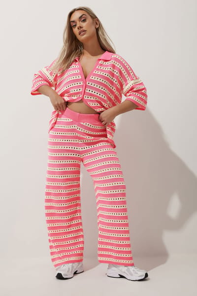 Limited Collection Gehaakte Top Met Strepenprint En Knoopdetail In Roze/Wit Size 42-44