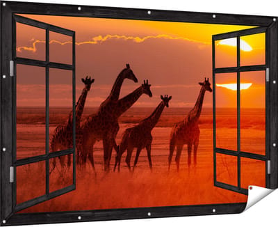 Gards Tuinposter Doorkijk Giraffe Kudde bij Zonsondergang - 180x120 cm - Tuindoek - Tuindecoratie - Wanddecoratie buiten - Tuinschilderij