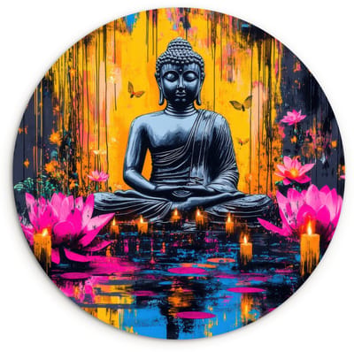 WallCircle® Wandcirkel 90x90 cm - Muurcirkel Buddha - Bloemen - Kaarsen - Geel - Muurdecoratie woonkamer - Wanddecoratie slaapkamer - Kamer decoratie accessoires - Ronde schilderijen