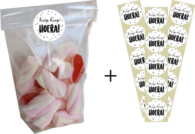 30 Kruisbodemzakjes / Traktatie zakjes / Blokbodemzakken + 30 stickers - Hiep Hiep Hoera - Zwart - Wit - Dots/Stip | School traktaties - Vakantie - Cellofaan zakjes - Transparant - Snoep | Peuterspeelzaal - Kinderopvang - Basisschool | DH collection