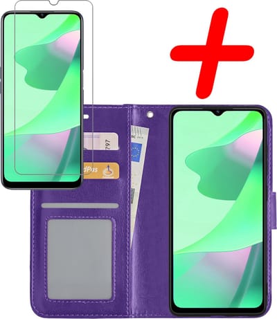 Hoesje Met Screenprotector - Geschikt voor OPPO A16 - Luxe Pasjeshouder - Bookcase Portemonee - Flip Case - Kunstleer Book Case - Flipcase - Book Cover - Walletcase - Portemonneehoes - Paars