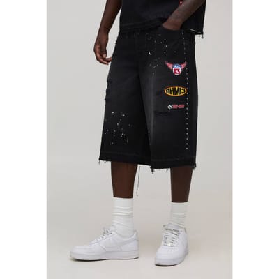 Gewassen Moto Badge Longline Jorts | Washed Black | Size 28