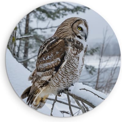 Saammp Muurcirkel Hout - Uil in de sneeuw - winter - Dieren - Ø 90 - Wandcirkel - Wanddecoratie Cirkel - muurdecoratie Woonkamer - Slaapkamer decoratie - Rond Schilderij