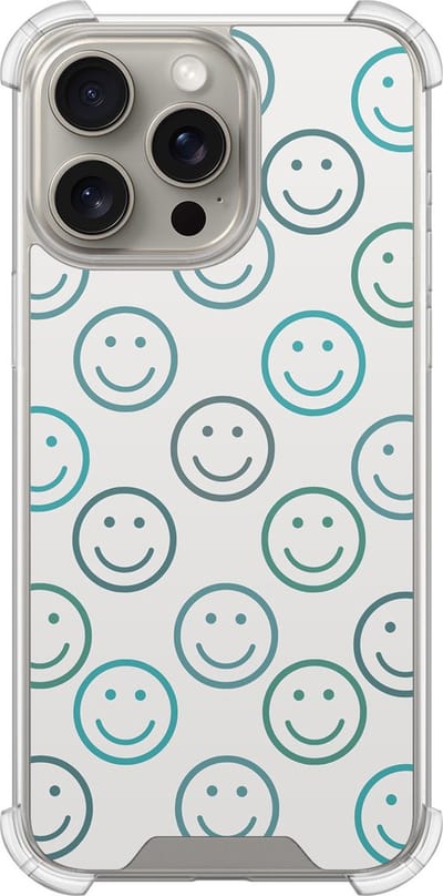 Shockproof hoesje - Geschikt voor iPhone 15 Pro Max - Happy faces - Extra sterke case - TPU/polycarbonaat - Print / Illustratie - Blauw, Transparant