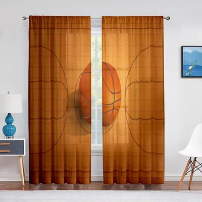 Basketbal Sport Thema Transparant Voile Gordijn voor Tienerjongens Mannen Slaapkamer Woonkamer Decoratie Modern Chiffon Tule Raamgordijn 1 PCS W100XH250cm&Grommet Top