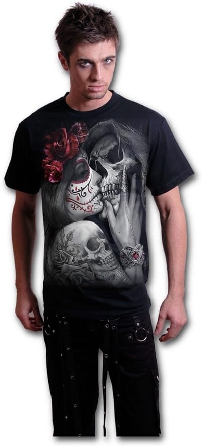 Zwart Gothic Horror Rock T-shirt met Spiral Dead Kiss Design