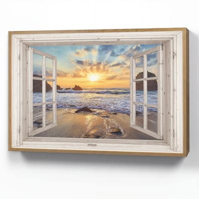 Wandlamp 90x60 cm - Oplaadbaar - Strand - Doorkijk - Zonsondergang - Landschap - Zee - Natuur - Wandlampen binnen woonkamer - Slaapkamer lamp - Decoratieve nachtlamp - Vloerlamp draadloos
