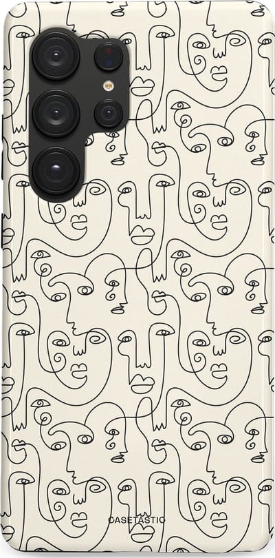 Casetastic hoesje geschikt voor Samsung Galaxy S25 Ultra - Dubbellaagse bescherming - Art Deco Creme Abstractie Lijntekening Gezichten - Fashion Case - Zilver Crème Wit