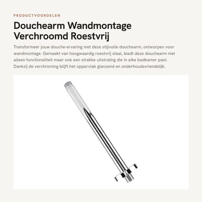 Dailygoods- Douchearm Verchroomd - Roestvrij Staal - Wandmontage - Verlengbuis 15-30cm - Diameter 22mm - Topspray functie - Douchehouder