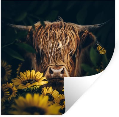 Muurstickers - Sticker Folie - Schotse hooglander - Bloemen - Koe - Botanisch - Dieren - 100x100 cm - Plakfolie - Muurstickers Kinderkamer - Zelfklevend Behang XXL - Zelfklevend behangpapier - Stickerfolie