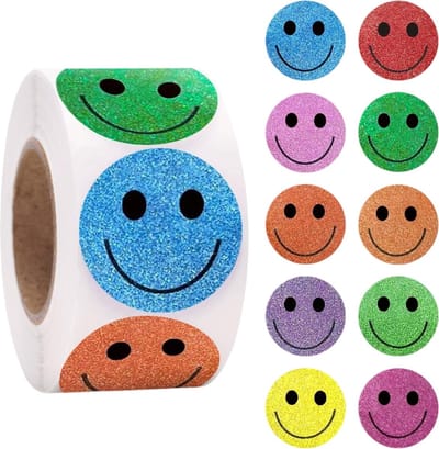 500 Stickers Op Rol - 2.5cm - Emoji / Smiley Glitter - Beloningsstickers - Stickers Kinderen - Sluitsticker - Sluitzegel - 25mm
