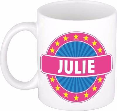 Bellatio Decorations - Julie voornaam - koffiemok - beker - wit/roze - 300 ml - Cadeau - Dames - Collega - Moederdag - Verjaardag
