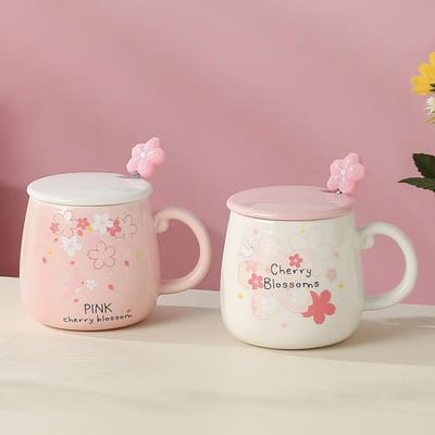Eenvoudige Kersenbloesem Keramische Kop van Hoge Waarde Creatieve Persoonlijkheid Waterbeker Studenten Waterbeker met Lepel Kop Vloerdeksel 360ML white