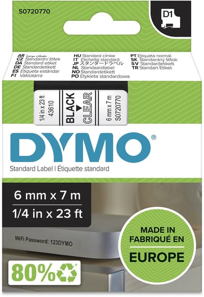 DYMO originele D1 labels | Zwarte Tekst op Doorzichtig Label | 6 mm x 7 m | zelfklevende etiketten voor de LabelManager labelprinter | gemaakt in Europa