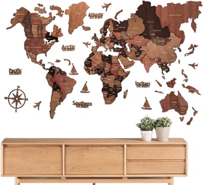 Houten Wereldkaart - Wanddecoratie Kaart - Woonkamer Decoratie - 3D Design - 100 x 60 cm - Houtkleur