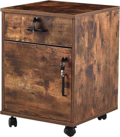 Mobiele Archiefkast met 2 Laden, Slot en Wielen - Industriële Houten Opbergoplossing voor Thuiskantoor