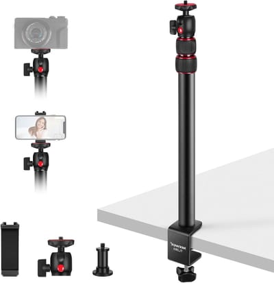 Verstelbare Camera Desk Holder met 360° Ball Head, Telescopische C Clamp voor DSLR, Webcam en Ringlicht tot 3kg Belastbaarheid