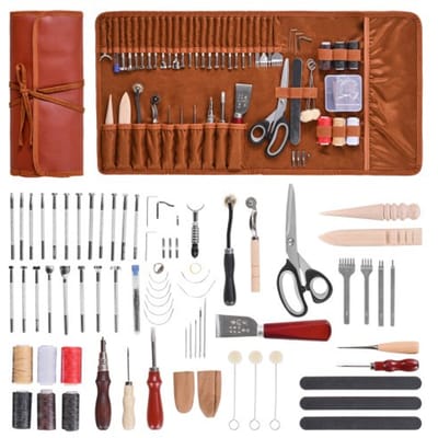 VEVOR 72-delige set met leerbewerkingsgereedschap, met draagbare opbergtas van canvas, grafisch gereedschap, stansgereedschap, naaigereedschap, snijgereedschap, ideaal voor beginners en professionals.