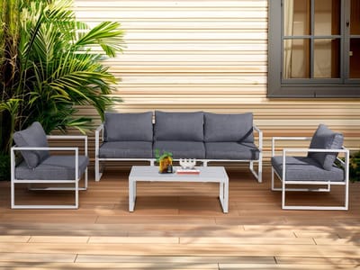 Aluminium Tuin Loungeset MOSTRARE Wit | 3-zitsbank, 2 Fauteuils en Salontafel | Grijze Kussens