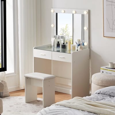 Moderne make-uptafel met LED-verlichting en spiegel, verstelbare helderheid, tafelblad van gehard glas en opslagruimte