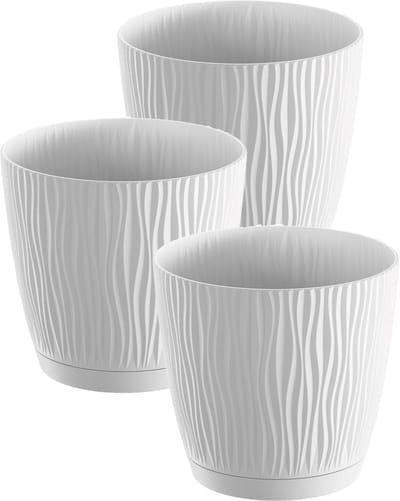 Prosperplast Plantenpot/bloempot Waves - 3x stuks - kunststof - wit - D24 x H23 cm - binnen/buiten - met opvangschaal