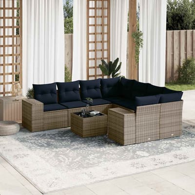 vidaXL - 9-delige - tuinbankset - met - kussens, - grijs - polyrotan