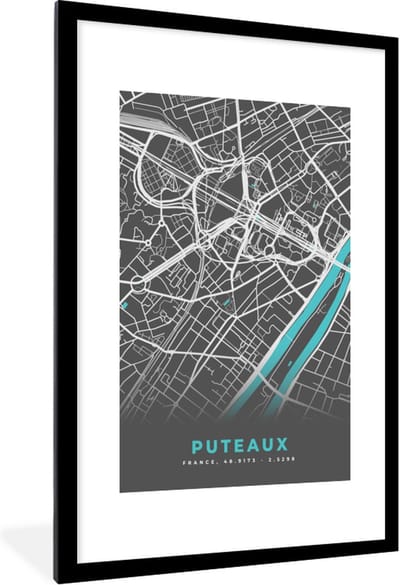 Fotolijst incl. Poster - Puteaux - Stadskaart - Kaart - Plattegrond - Frankrijk - 80x120 cm - Posterlijst