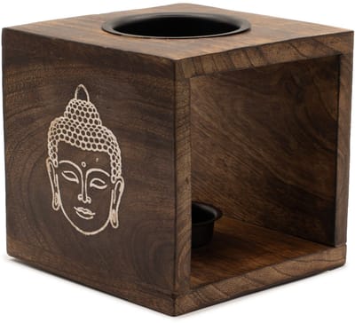 Large Square Mango Wood Oil Burner- Buddha Face