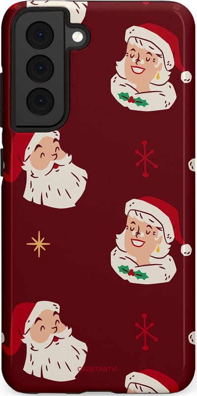 Casetastic hoesje geschikt voor Samsung Galaxy S21 FE 5G - Dubbellaagse bescherming - Mr. & Ms. Santa - Kerst - Fashion Case - Bordeaux Lichtgrijs Taupe