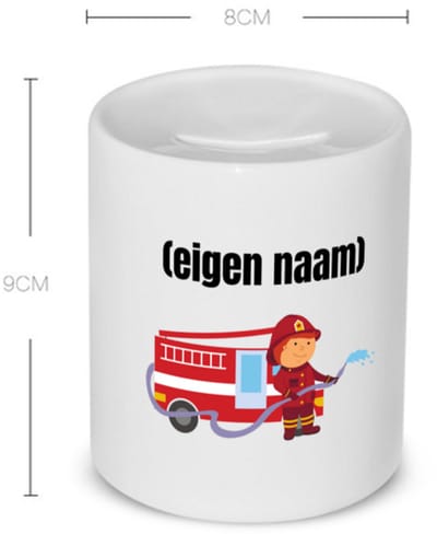 Akyol - brandweerman met brandweerwagen Spaarpot - Brandweer - iemand die werkt bij de brandweer - met eigen naam - leuk cadeau voor iemand die bij de brandweer werkt - cadeau - kado - 350 ML inhoud