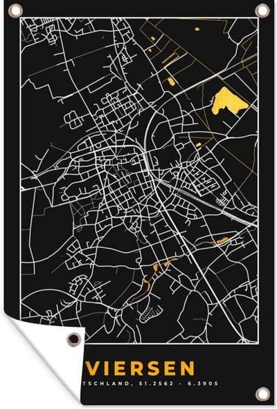 Muurdecoratie Black and Gold – Stadskaart – Viersen – Duitsland – Plattegrond – Kaart - 120x180 cm - Tuinposter - Tuindoek