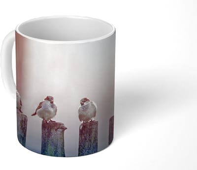 Mok - Koffiemok - Vogels - Mussen - Paaltjes - Hout - Mokken - 350 ML - Beker - Koffiemokken - Theemok