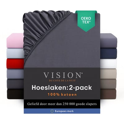 Vision - Hoeslaken - 100% katoen - 90 x 200cm verpakt per 2 stuks - Geschikt voor boxspring matras: ruime hoek van 30cm - Donkergrijs - Oekotex gecertificeerd