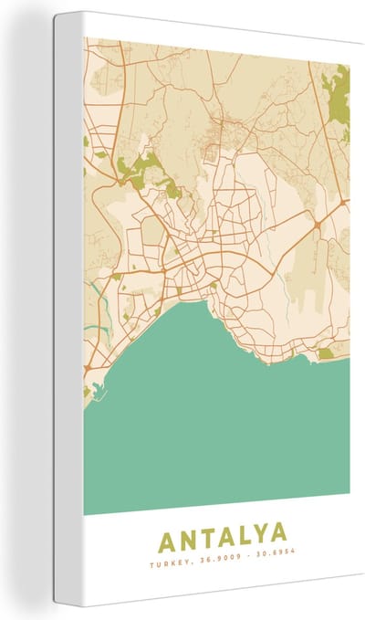 Canvas Schilderij Antalya - Kaart - Stadskaart - Plattegrond - Vintage - 20x30 cm - Wanddecoratie