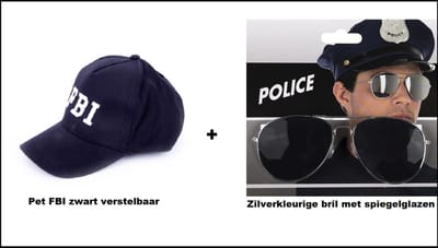 1x Baseball cap FBI - verstelbaar + 1x Zilverkleurige bril met spiegelglazen - FBI verkleed Thema feest party Politie festival