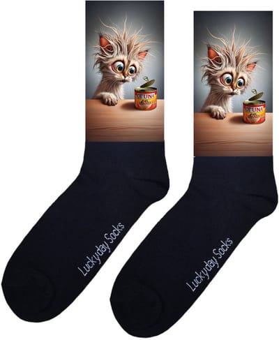 Poes - Opkikker - Grappige sokken - Valentijns cadeau - Verjaardag cadeau - Sint cadeau - Leuke sokken - Aparte sokken - Vrolijke sokken - Cadeautje - Grappige cadeau - Kerstsokken - Vaderdag - Moederdag - Kattenvoer - Vis - Socks maken Happy - 37-44