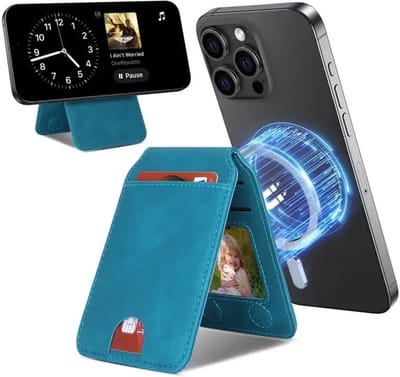 SBG MagSafe Pasjeshouder met Standaard | Compatibel met Magsafe | Kunstleren Card Holder Skin Touch Design | Ruimte voor 5 Pasjes | Portemonnee| Telefoonhouder met Standaard | Blauwe