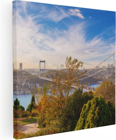 Artaza Canvas Schilderij Skyline - 30x30 cm - Klein - Wanddecoratie Stad - Muurdecoratie Istanbul Brug - Kamer Accessoires Herfst