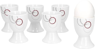 Set van 6 Palazzo eierdopjes 4,8 cm - gemaakt van wit porselein met decoratieve cirkels in grijs en donkerrood
