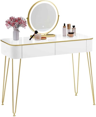 CORE Make-up tafel - Kaptafel - Spiegel met ingebouwd LED-licht - Cosmetische tafel - Met 2 lades - 100x40x77.5cm - Wit en Goud